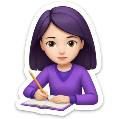 girl sitting, writing in a notebook, dark hair, dressed in purple clothes sticker