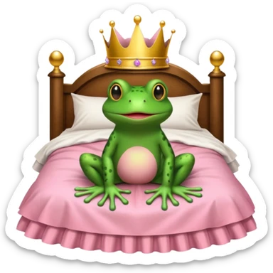 Brown bed with white sheets and a pink comforter.  In the bed sits a frog in a frilly little pink dress, wearing a crown and sitting like a frog would normally sit. sticker