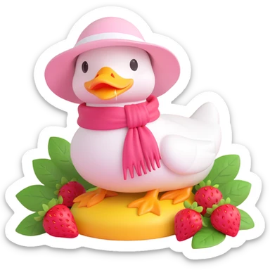 A cute duck character wearing a sun hat and scarf, surrounded by strawberries, 3D iOS style, light pink background with small decorative elements, white duck with a pink hat and yellow scarf, red strawberries with green leaves. sticker