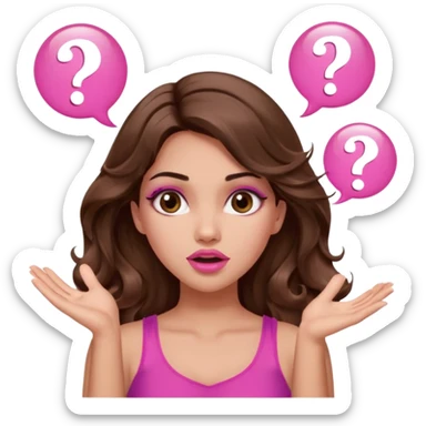 girl with long wavy brown hair, brown eyes, long lashes makeup, sexy pink lips, light to medium complexion, pink sexy top, two hands up, shrugging, confused question mark bubble sign sticker