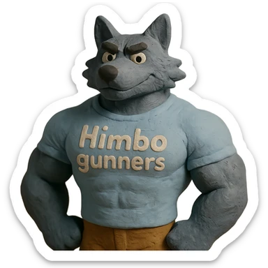 muscular wolf furry wearing a t-shirt that says 'Himbo gunners' sticker