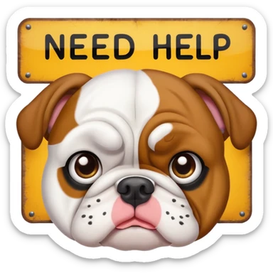 English bulldog peeking over a 'need help' sign, emoji style sticker
