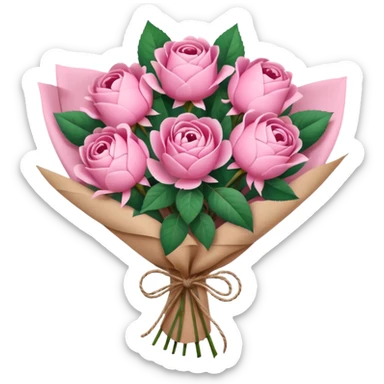 Bouquet of pink flower like rose and peony wrapped in kraft paper sticker