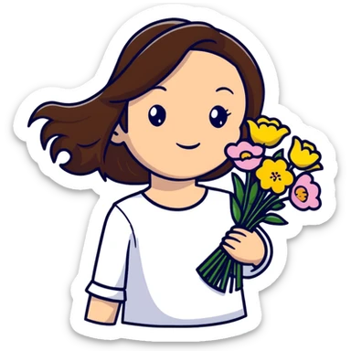 cool girl with long brown hair and fair skin tilting her head to the side while holding a bouquet of flowers sticker