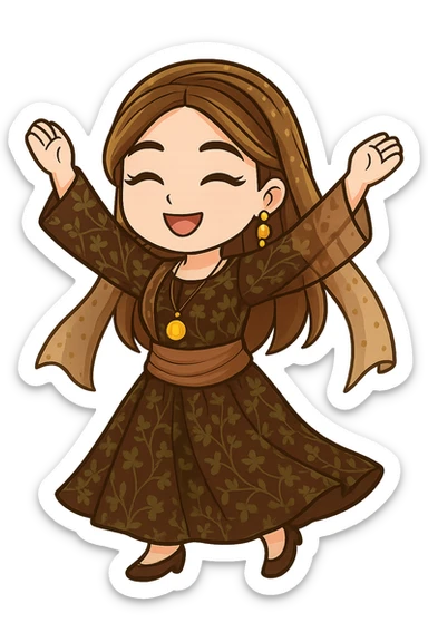 Kurdish cartoon sticker of the same woman in the new dress, dancing Kurdish style (Halparke or Sama) with arms raised, joyful expression, no text, transparent background, chibi stickers style. sticker