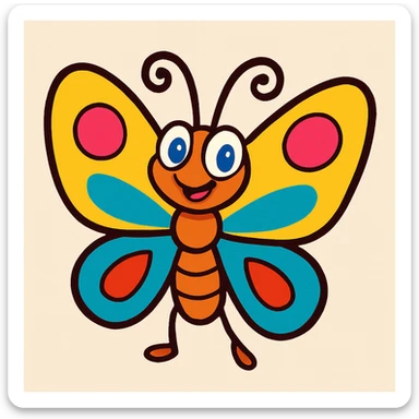 a butterfly in vibrant cartoon style with colorful wings and a cheerful expression sticker