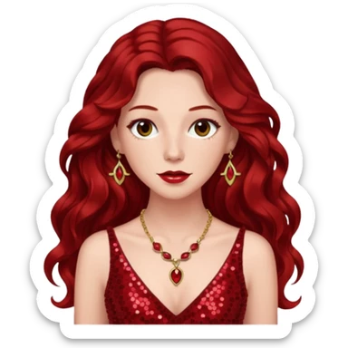 Chappell Roan, Pop Singer (b.1998) with long dark red wavy hair, red sequin dress and necklace sticker