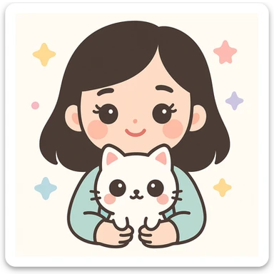 aesthetic girl with dark brown doe eyes, cute eyelashes, soft arched eyebrows, neutral skin tone, light blush, pink glossy full lips, off-shoulder black 2b hair, holding a white cat, kawaii style, detailed, soft colors sticker