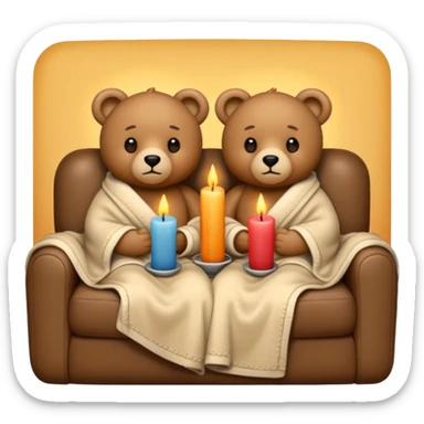 Two teddy bears cuddling wrapped in a blanket watching tv on couch with candles next to them sticker