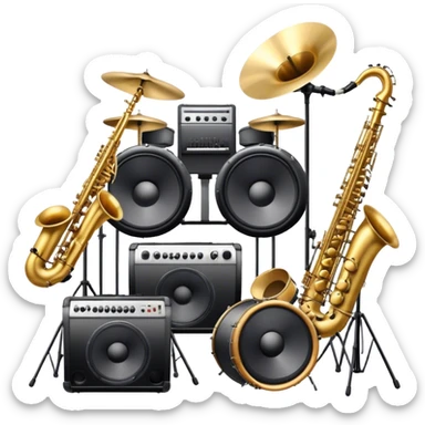 Icon for R&B Music Listening: large concert speakers and headphones with waves of musical notes coming out, along with drum kit, and synthesizer, saxophone and bass guitar. The icon should convey the energetic and rhythmic vibe of R&B music. Transparent background. sticker