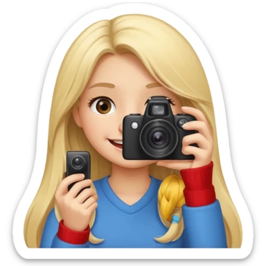 blonde girl photographer cartoon taking picture in middle of taking picture camera in front of face long hair smiling funny sticker