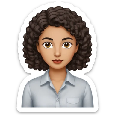 30 yr iranian woman dark brown hair curly wavy short hair, dress shirt, thick eyebrows sticker
