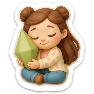 Create a 3D chibi fondant cake art style image with high-quality rendering, smooth shadows, and soft gradients. The girl should be based on the reference image, preserving facial features, with long brown hair in two space buns, brown eyes, jeans, and a pastel floral cardigan. Add a thick white outline like a sticker and make the background transparent. She is sitting in lotus pose, hugging a Plumbob and pressing her cheek to it like a kitten. sticker