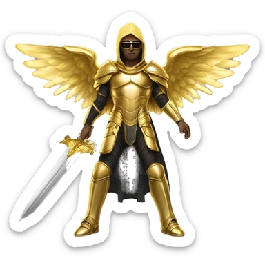 golden archangel, in full growth, with golden wings, black glasses, golden armor, golden swords, in a golden hood, light skin colorglasses, golden armor, golden swords, in a golden hood sticker