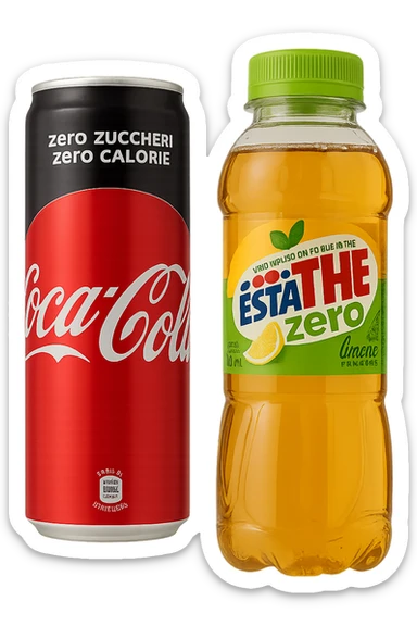 lattina di coca cola zero fluttua accanto a bottiglia di esta-thè zero, iperrealistiche 4k sticker