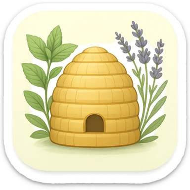 macOS app icon for a herbal therapy CRM, showing a beehive surrounded by fresh herbs like mint and lavender, soft green and golden tones, modern and clean style, no text sticker