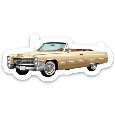 Beige 1966 Cadillac DeVille, 30-degree three-quarter view showing front and side, accurate vintage luxury car proportions, detailed front grille and headlights, from Once Upon a Hollywood movie, iOS emoji style sticker