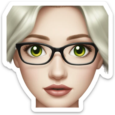 Pale skin with natural makeup and face shape like diamond. Green eyes. Glasses colour white. Brunette with highlights hair. Lips like Kat Dennings. Gaze eyes look sticker