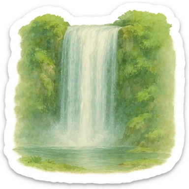 a realistic waterfall, natural colors, soft, fairy-like atmosphere, no background, square size sticker