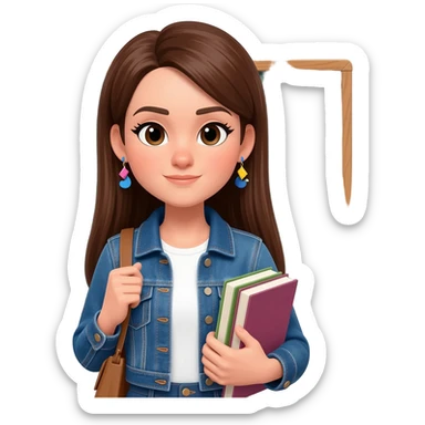 Woman with straight long brunnette hair, light skin, she is using a denim jacket with a white shirt and funky earrings and she is carrying books. put a chalkboard on the background sticker