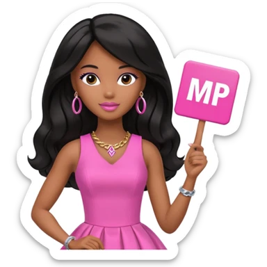 Black barbie, long black  hair, pink dress holding mvp sign  sticker