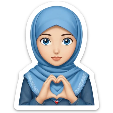 Turkish beautiful finish Konya girl blue eyes with denim hijab islamic dress and making heart with hands sticker