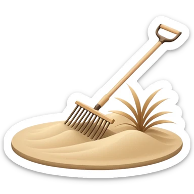 Minimalist emoji of a Japanese zen garden rake with four teeth, elegant thin lines, light wood tone, sand-beige palette, flat vector style, calm and balanced aesthetic, zen-inspired, transparent background, premium minimal design sticker