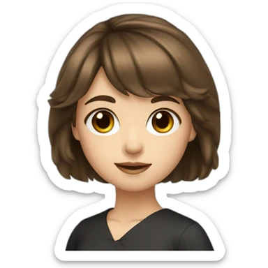 girl middle-length brown hair with bang fair skin brown eye black dress writing coding sticker