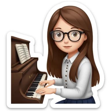girl long brown hair. round glasses eye. playing piano sticker