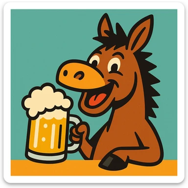 a mule drinking a beer, playful cartoon style sticker