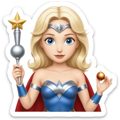 Blonde blue eyes Wonder Woman holding bell and short white orchestra conductor’s baton  sticker