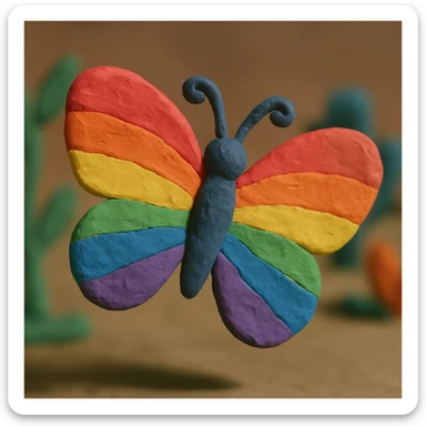 a butterfly in claymation style, soft plasticine texture, visible fingerprints, rainbow pride colors sticker