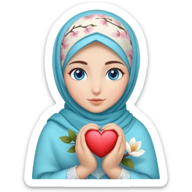 Turkish beautiful finish Konya girl blue eyes with magnolia flower design hijab and hold heart in her hand  sticker