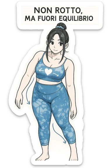 stile manga a woman stands in a relaxed pose, with a gentle, confident expression. Her body is shown with subtle, curved lines or arrows indicating areas of imbalance (such as a slight tilt in the shoulders or hips), but no signs of injury or damage. A soft glow or heart symbol at her core emphasizes resilience and the message “Non rotto, ma fuori equilibrio” The background is clean and clinical, with light blue tones. sticker