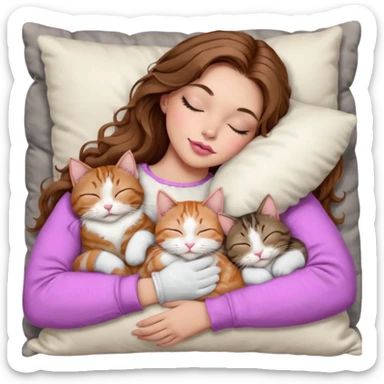 girl with long wavy brown hair, brown eyes, long lashes makeup, sexy pink lips, light to medium complexion,  sleeping on a cozy pillow, with 6 cats: 1 brown and white tabby cat, 1 ginger and white, 2 grey and white, 1 grey with white mittens and small white patch on chest and 1 calico, sleeping sticker
