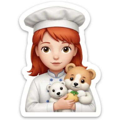 girl kid italian chef, red haired, uniform, holding plush polar bear sticker