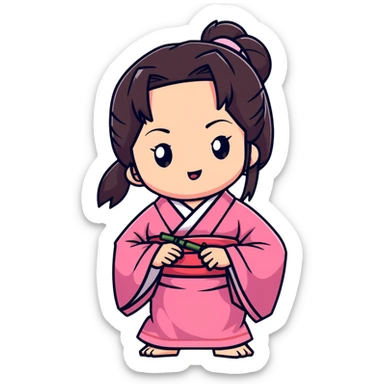 cute chibi Nezuko biting bamboo muzzle with her teeth clearly visible, pink kimono sticker