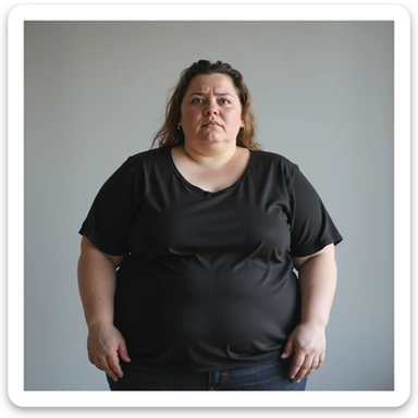 hyperrealistic 4K vertical 9:16 portrait of a fat woman standing with a worried or disappointed face, isolated white background sticker