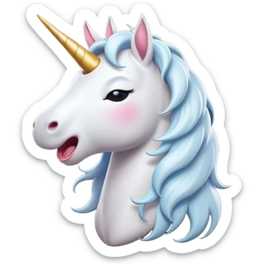 Cinematic Cute Yawning White Unicorn Portrait Emoji, Head tilted slightly with a dramatic, wide-open yawn, showcasing a softly elegant form with a gently cascading mane, a subtly glowing horn and sleepy, half-closed eyes, Simplified yet irresistibly adorable features, highly detailed, glowing with a soft, cozy magical glow, high shine, relaxed yet expressive, stylized with a dash of whimsical enchantment, soft glowing outline, capturing the essence of a drowsy yet affectionate white unicorn that appears ready to stretch and yawn its way out of the screen! sticker