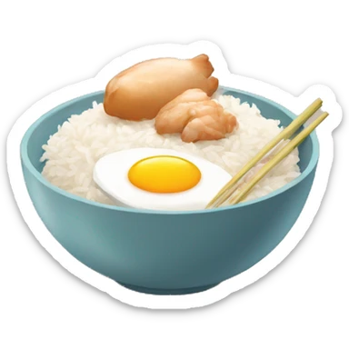 a bowl of rice with two eggs and two chicken sticker