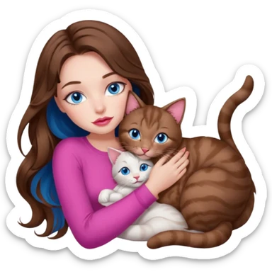 girl with long wavy brown hair, blue eyes, long lashes makeup, sexy pink lips, cuddling with 6 cats sticker