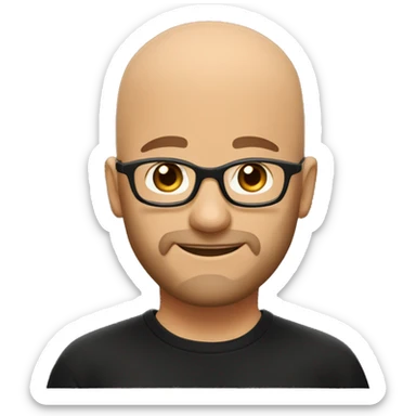 Bald man with round glasses, short beard, oval face, wearing a black t-shirt, with warm brown eyes, and smiling warmly sticker