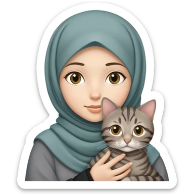White girl wearing  hijab holding a black grey tabby cat sticker
