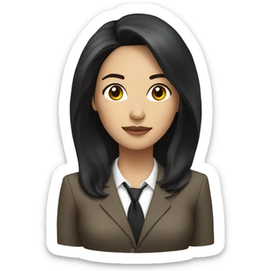 Female defense attorney with long black hair with brown suit sticker