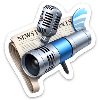 An icon featuring a microphone, a newspaper, a reporter’s camera, and soundwaves, representing journalism and mass media. The design includes headlines and imagery, symbolizing the spread of news and information. Transparent background highlights the power of communication and media. sticker