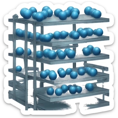 tall metal shelves with many blue orb prophecies sticker