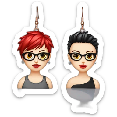 Punk female earrings glasses,red and black short hair, sticker