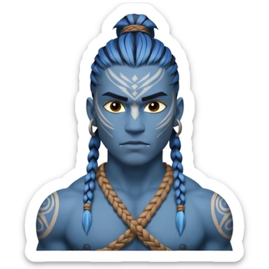Design a Na’vi male with blue skin, tribal markings, braided hair, sharp eyes & a warrior look. sticker
