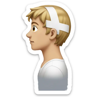 A side profile of a young man with a white bandaid all over their ear sticker