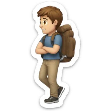 White man with brown hair with a backpack walking toward a house sticker